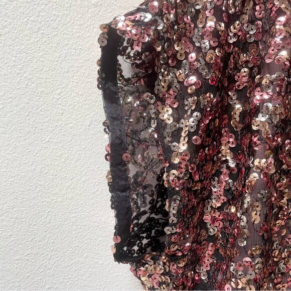 ALLEN SCHWARTZ Pink Sequin Short Sleeve Draped Crop Top Women’s XS $270 - Picture 4 of 9